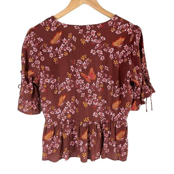 Madewell Tie-Sleeve‎ Wrap Top in Maroon Floral Butterfly Sanctuary Print, Size 2 - Picture 13 of 15